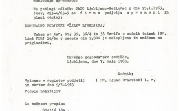 Pogrebni zavod Žale se preimenuje v novoustanovljeno Komunalno podjetje zavod Žale leta 1963